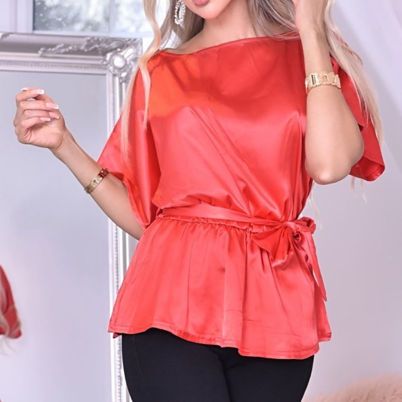Elona Red Satin Batwing Top - Picture 1 of 3
